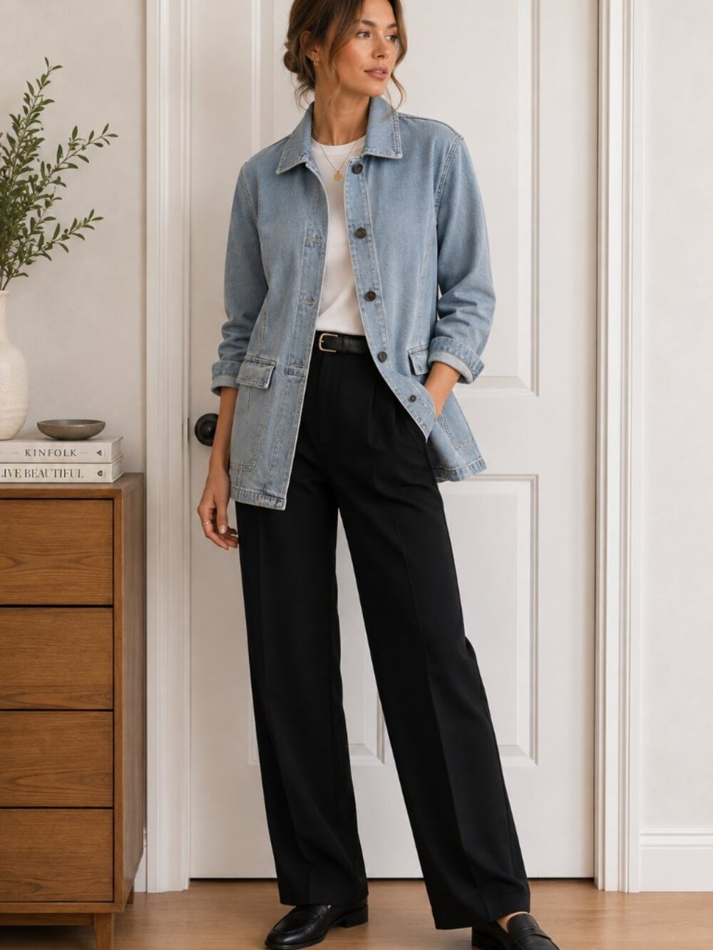 Vintage Jones Wear Light Wash Long Denim Chore Jacket Medium 90s ✨